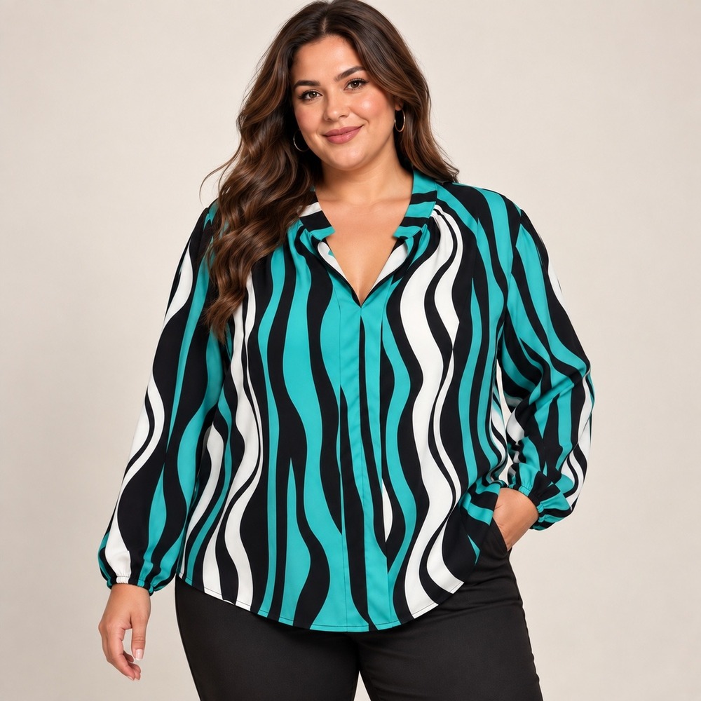 Shein Blouse 3X Teal Black Wavy Stripe Abstract Plus Size Retro Silky Office